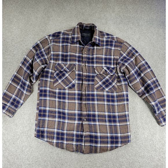 VTG Outdoor Exchange Flannel Shacket M Brown Blue Plaid Buttons Quilt Lined 90s - Picture 1 of 11
